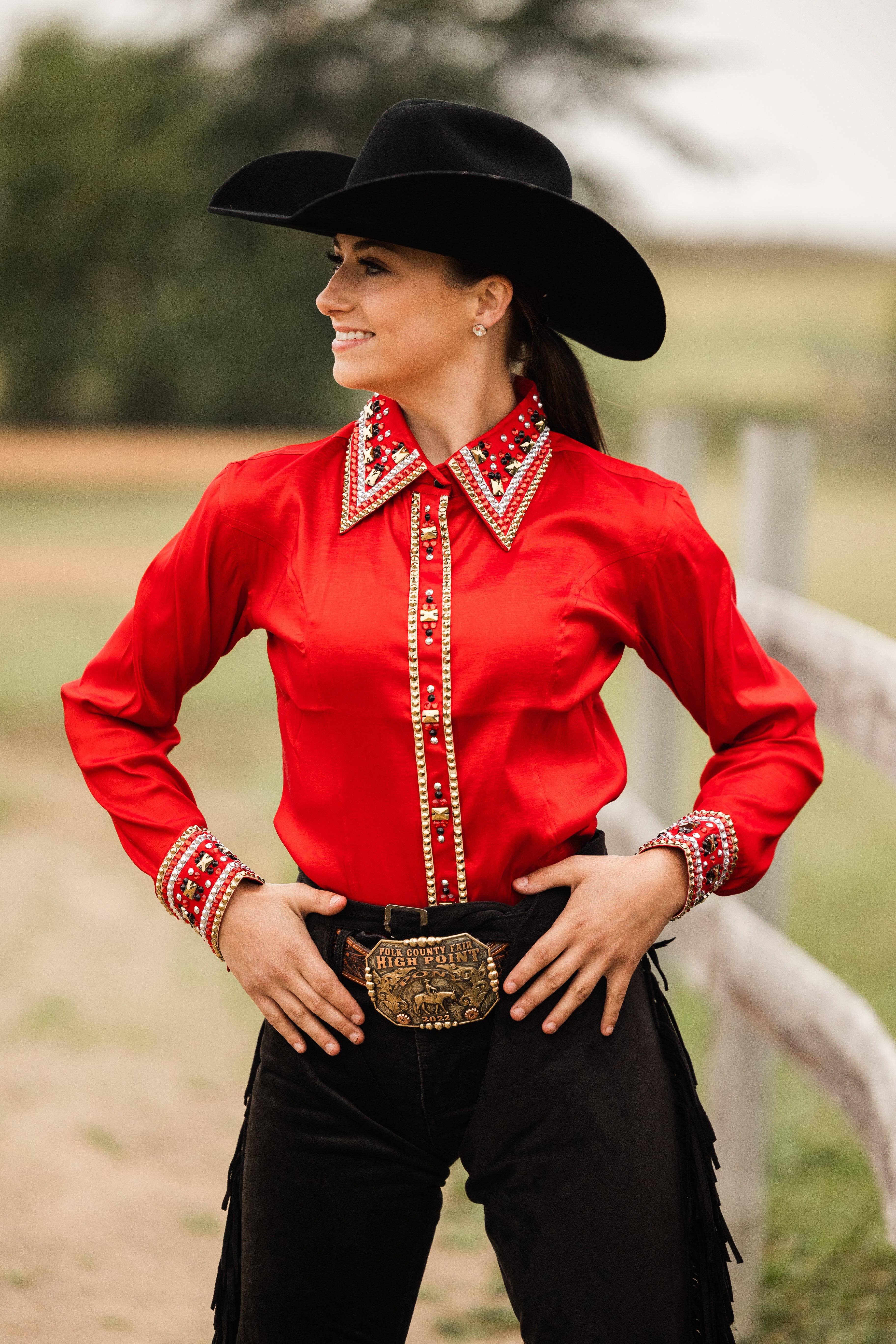 Ladies Bling Show Shirt - Red Gold and Black Ladies Bling Show Shirt - Red Gold and Black